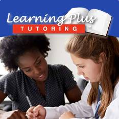 Logo with the text 'Learning Plus Tutoring' written in bold with to children