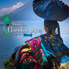 A woman near water and mountain with the tagline "Travel with Claudia Lopez"