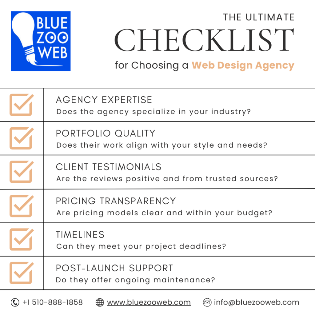 Checklist that outlines important points for choosing a web design agency